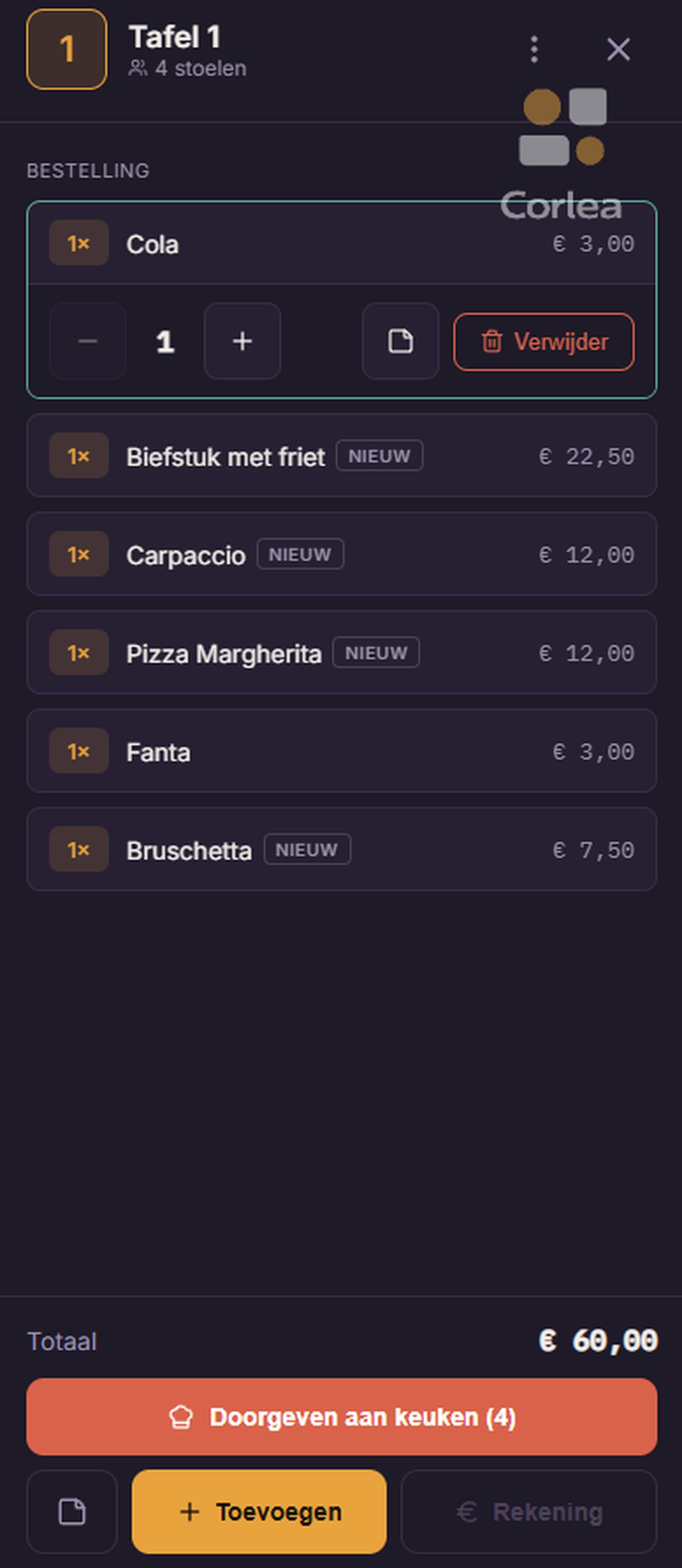Corlea bestelbeheer per tafel